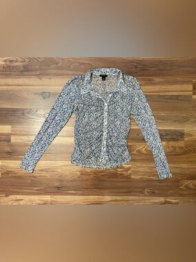 Halogen Ruched Floral Mesh Button-Up Top Size S Blue Neutral Stretch Blouse
